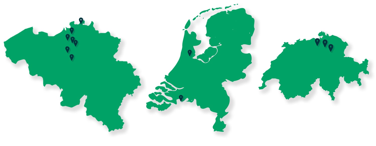 Kaart van België, Zwitserland en Nederland waar alle Merak vestigingen op aangeduid zijn
