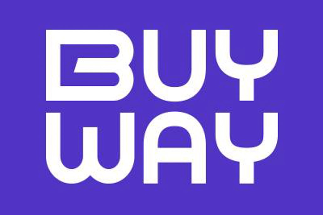 BUY WAY in white letters on a blue background