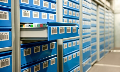 Rack in the e-bunker filled with black cases