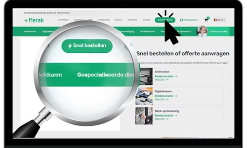 Vergrootglas richt zich op de 'Snel Bestellen'-knop op de Merak-website voor snelle bestellingen.